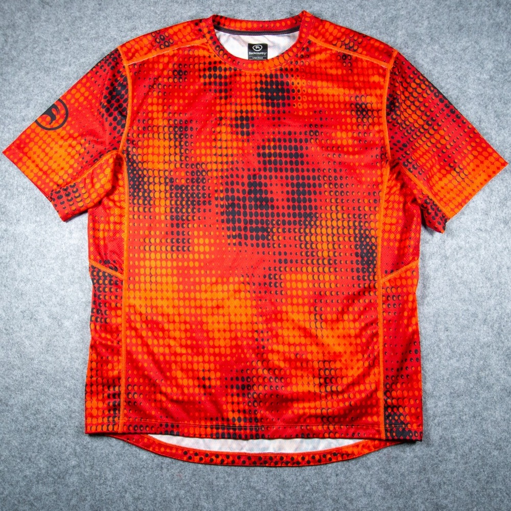 Backcountry Men's Large Mountain Bike Jersey Orange Black Halftone Short Sleeve